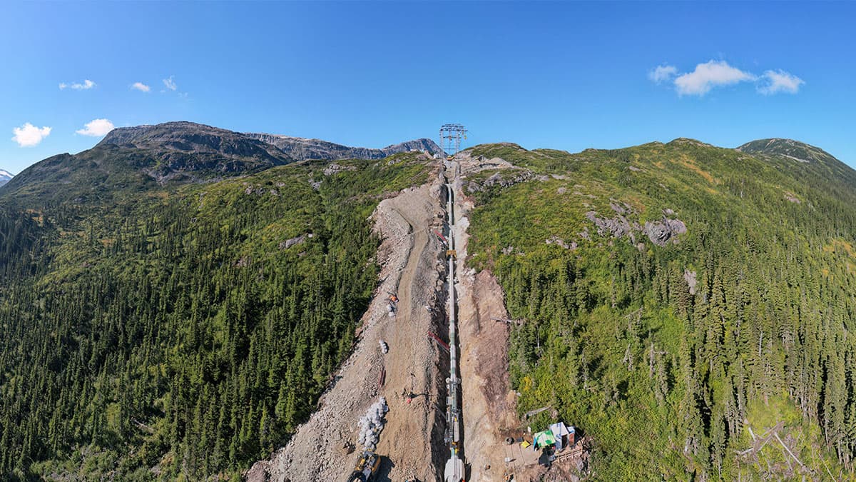 Aerial view of Coastal GasLink pipeline construction through the mountains of northern British Columbia