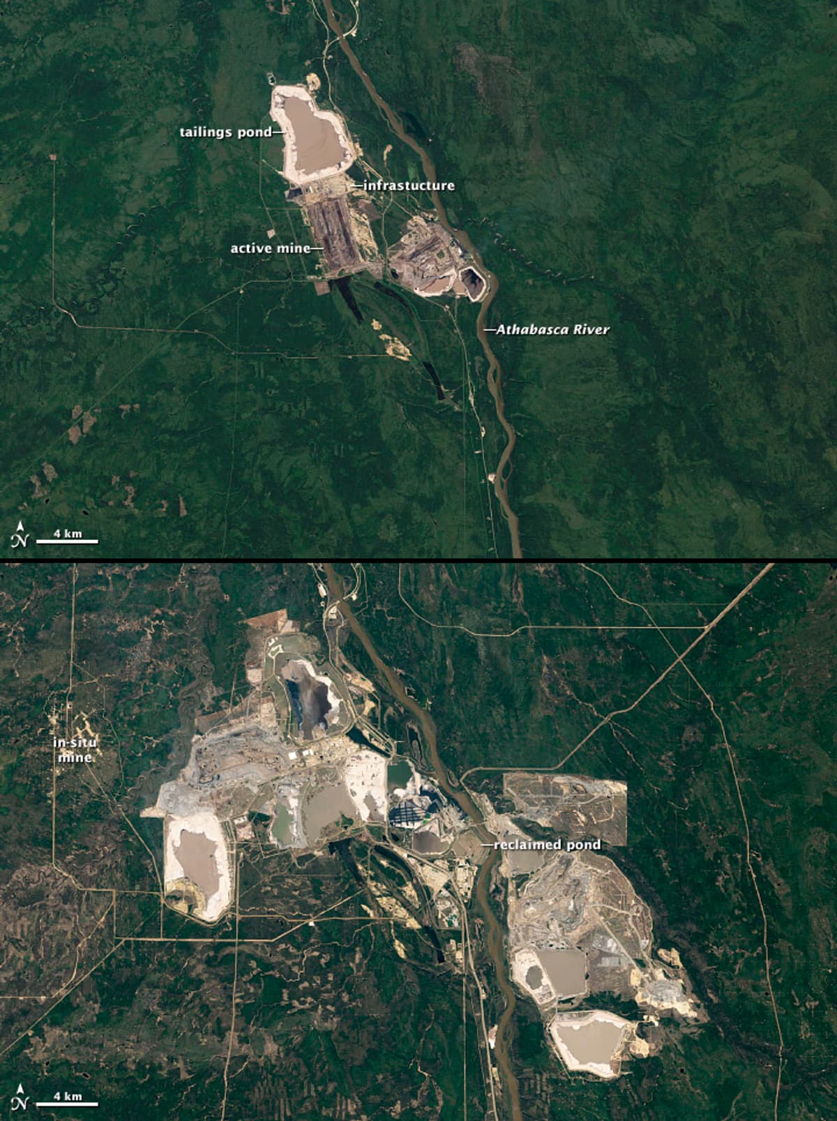 NASA satellite view of Athabasca oil sands mining operations in northeast Alberta Canada