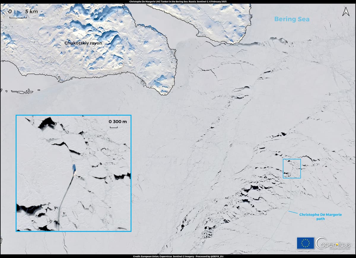 Russian icebreaking LNG carrier crossing the Arctic route through the Bering Strait
