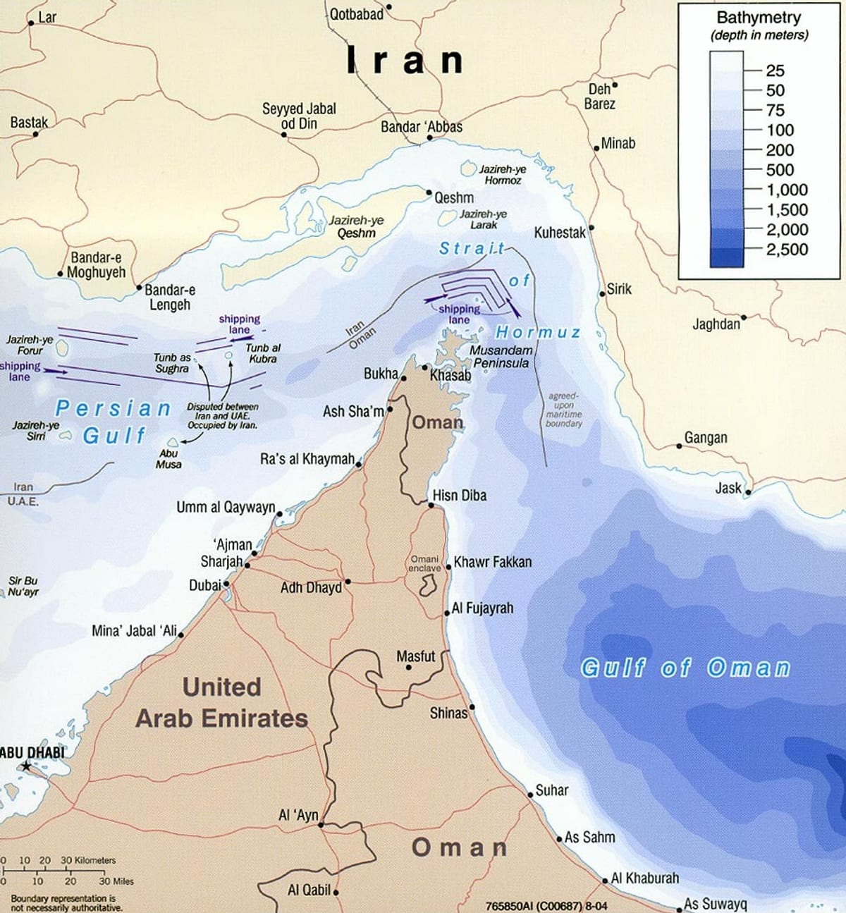 Aerial map of the Strait of Hormuz between Iran and Oman with shipping lanes
