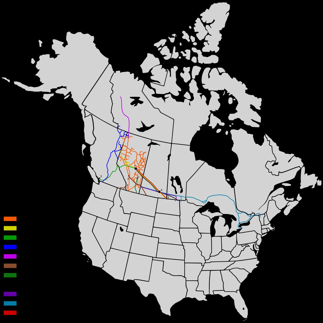 Map of Alberta federally regulated pipelines with Trans Mountain shown in green across western Canada